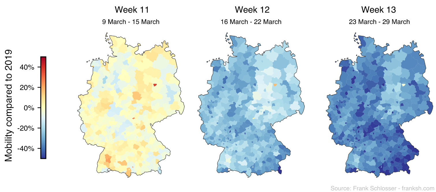Maps of mobility reduction in Germany in March 2020